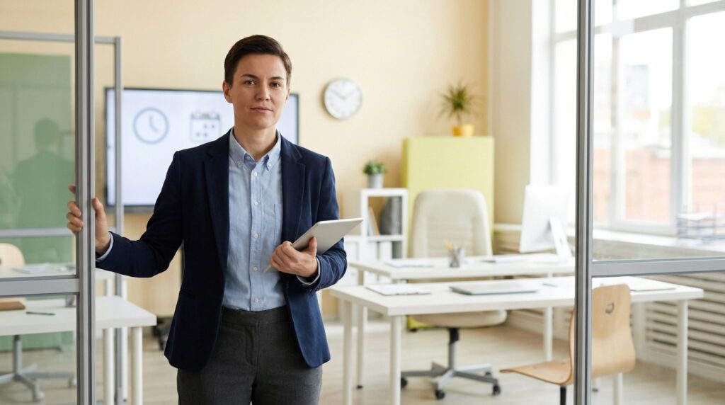 Professionnelle sérieuse en blazer et chemise bleue, tenant une tablette, se tient dans un bureau moderne lumineux avec écran.