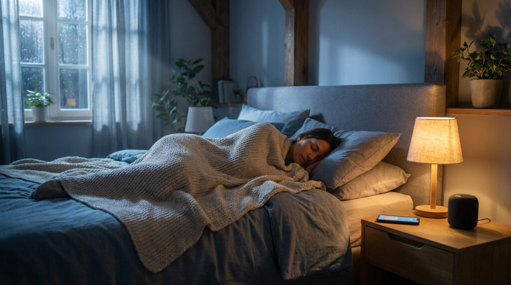 Femme dormant paisiblement dans un lit douillet avec un plaid, une enceinte intelligente et un téléphone sur la table de chevet.