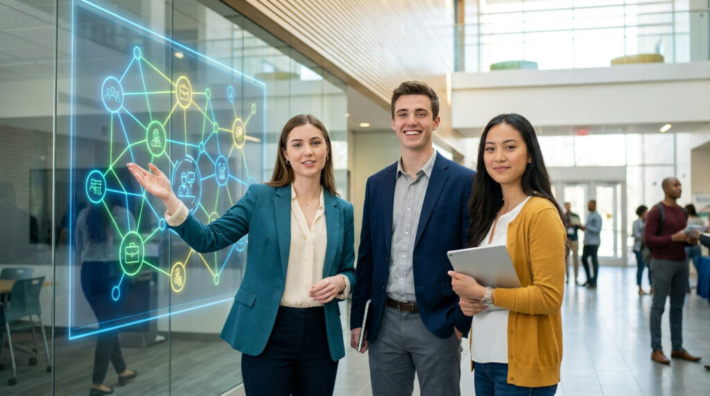 Trois jeunes adultes souriants devant un écran holographique affichant un réseau d'icônes professionnelles. Ils explorent les carrières.