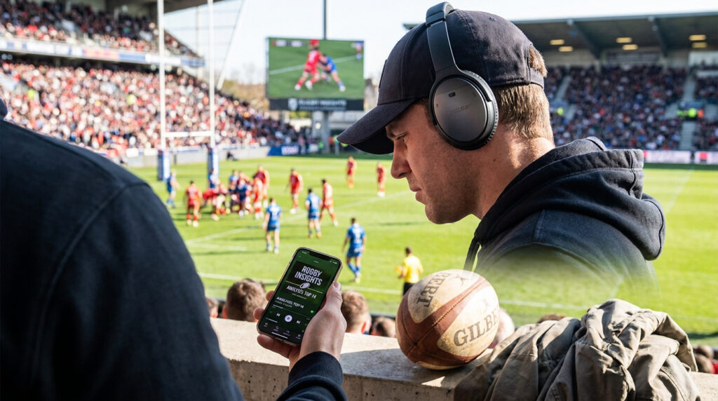 Homme au stade avec casque audio et smartphone affichant un podcast rugby "Rugby Insights", match en arrière-plan, balle de rugby.
