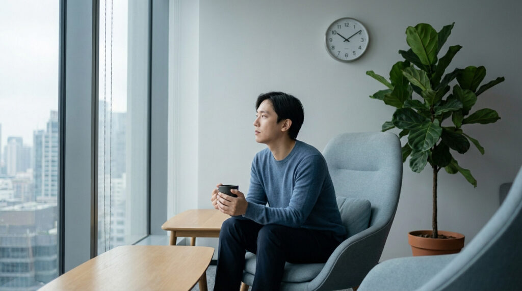 Homme en pull bleu prenant une pause café, regardant la ville par la fenêtre d'un bureau moderne avec horloge et plante.