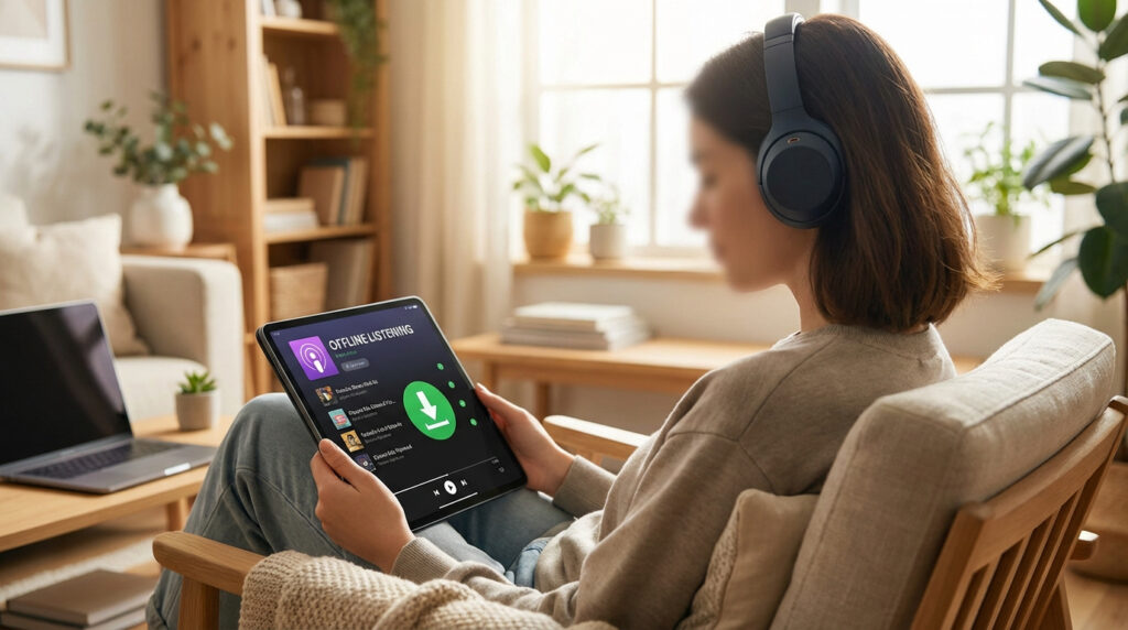 Femme avec casque audio écoutant des podcasts sur une tablette, affichant une interface de téléchargement pour écoute hors ligne.