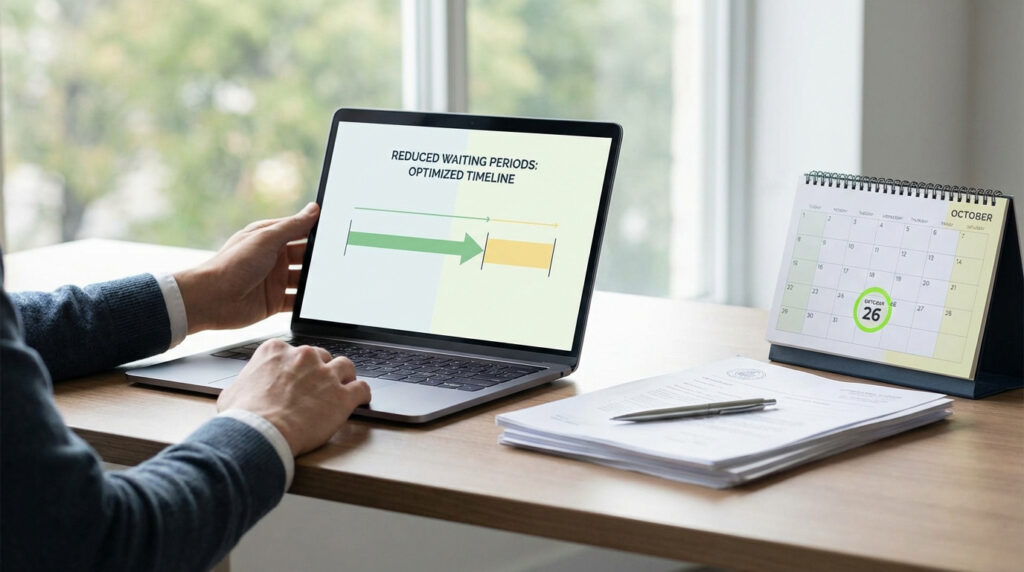 Personne devant un PC portable affichant un graphique de réduction des délais. Un calendrier d'octobre avec le 26 cerclé est à côté.