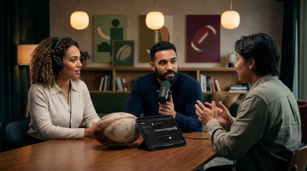 Trois personnes discutent passionnément pour un podcast rugby. Un micro, un ballon de rugby et une tablette avec une onde sonore sont sur la table.