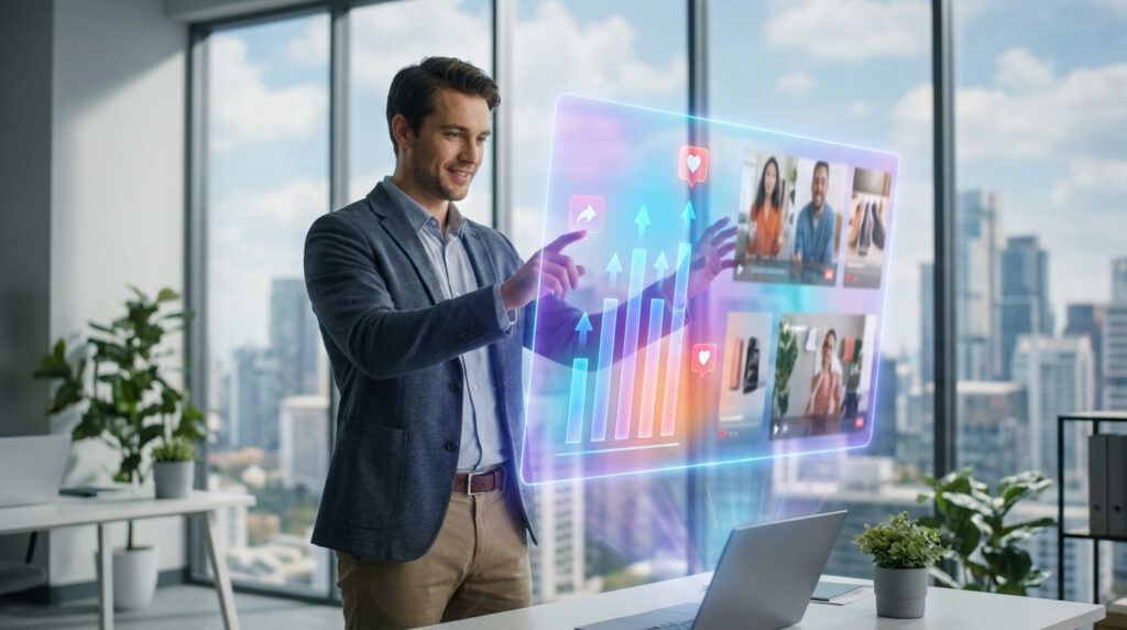 Un homme d'affaires en bureau moderne interagit avec un écran holographique affichant des métriques et vidéos TikTok pour la croissance.