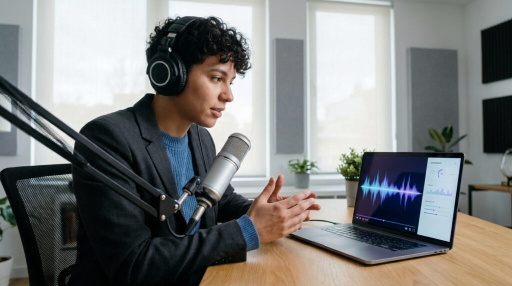 Personne animant un podcast avec casque et micro, devant un ordinateur portable affichant des ondes sonores et un tableau de bord.