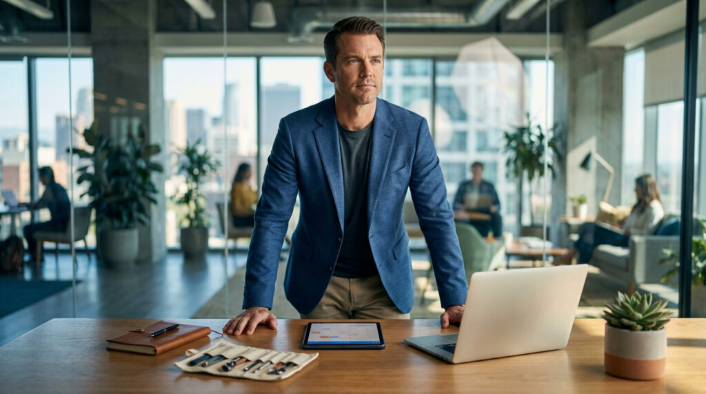 Homme confiant en blazer bleu devant son bureau dans un open space moderne avec ordinateur portable, tablette et vue sur la ville.
