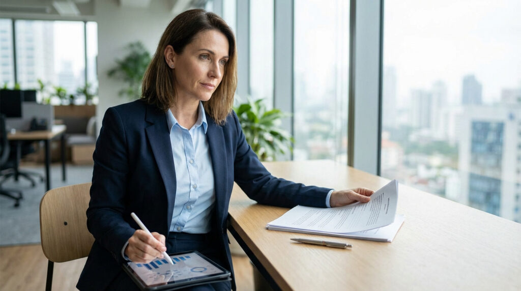Femme d'affaires en blazer réfléchit en lisant des documents et travaillant sur tablette dans un bureau moderne avec vue sur la ville.