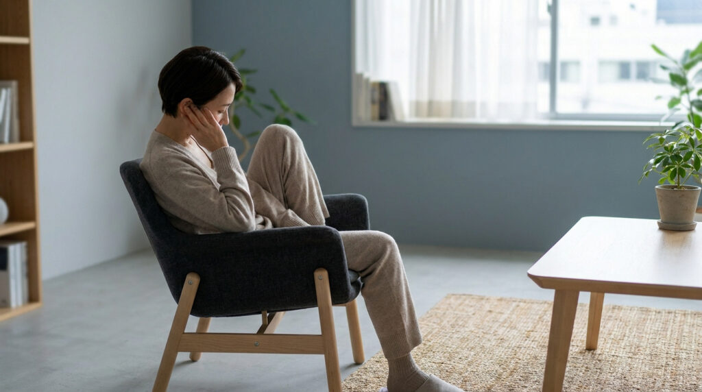 Femme pensive, assise dans un fauteuil, le regard baissé. Elle semble réfléchir à l'absence de communication.