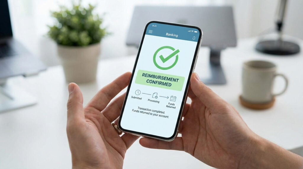 Mains tenant un smartphone affichant l'écran d'une app bancaire avec "REMBOURSEMENT CONFIRMÉ" et une coche verte, indiquant des fonds retournés.