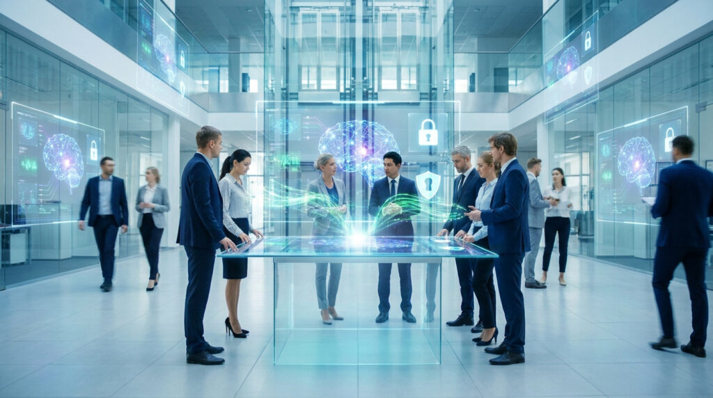 Professionnels devant une table holographique, projetant un cerveau IA, des cadenas et boucliers, dans un bureau moderne.
