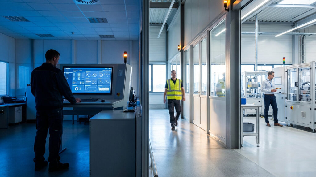 Un opérateur surveille des écrans de contrôle bleutés à gauche, tandis qu'un ouvrier en gilet et un ingénieur sont sur un sol d'usine lumineux à droite.