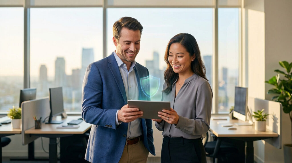 Deux professionnels souriants dans un bureau moderne regardent une tablette avec un bouclier numérique. Symbolise la sécurité d'entreprise.