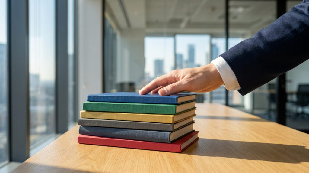 Main d'une personne en costume reposant sur une pile de livres colorés dans un bureau moderne avec vue sur la ville.