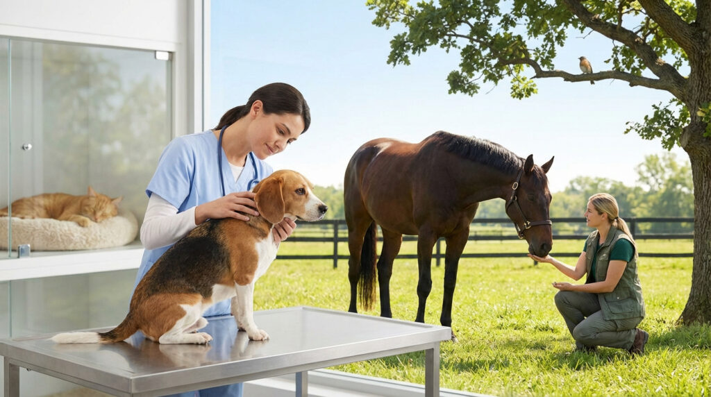 Une vétérinaire examine un beagle en clinique. À l'extérieur, une femme interagit avec un cheval. Un chat roux dort en arrière-plan.