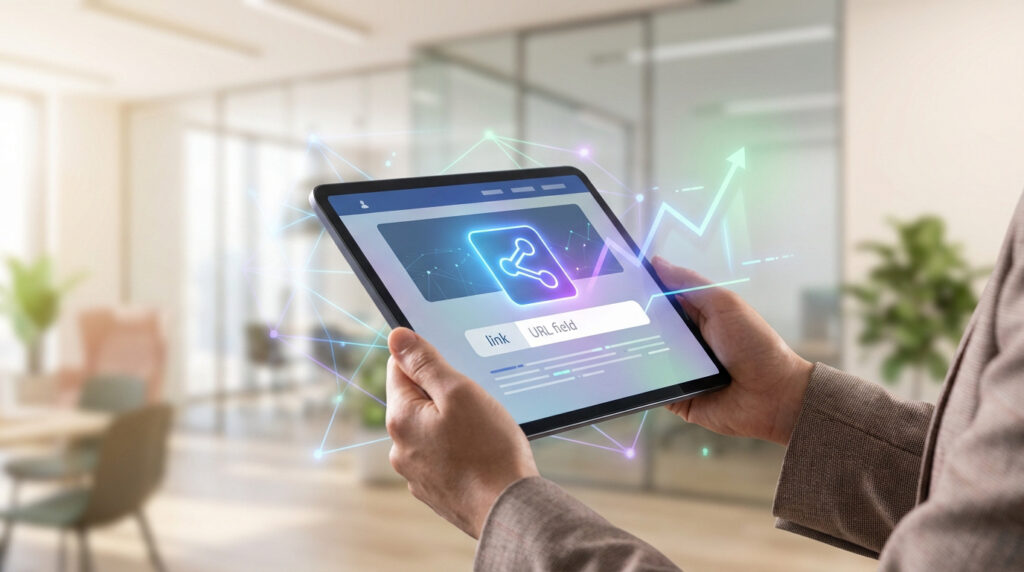 Mains tenant une tablette affichant une icône de partage et un champ d'URL, avec des graphiques de croissance numériques en surimpression.