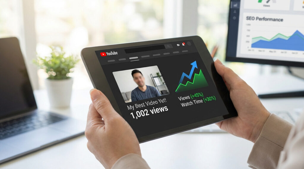 Une personne analyse les performances YouTube sur une tablette. Les statistiques montrent une augmentation des vues (+45%) et du temps de visionnage (+30%), avec un écran affichant la performance SEO en arrière-plan.