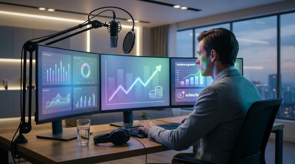Homme devant trois écrans affichant des statistiques de croissance d'audience et de revenus. Un micro de streaming est visible.