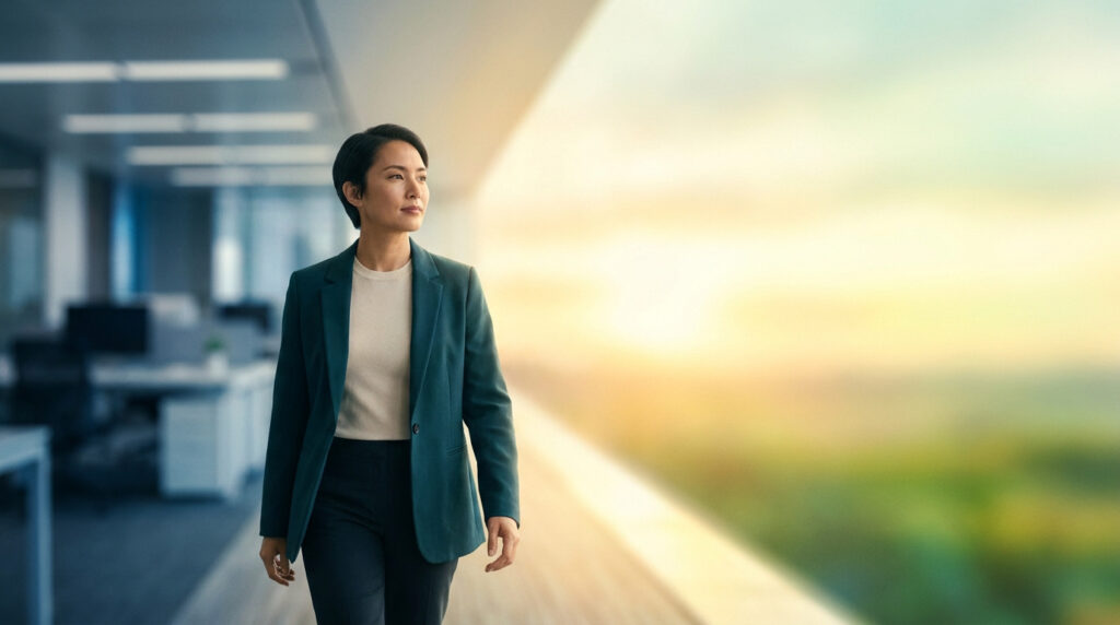 Femme professionnelle en blazer vert marchant d'un bureau flou vers un paysage lumineux, le regard tourné vers l'avenir.