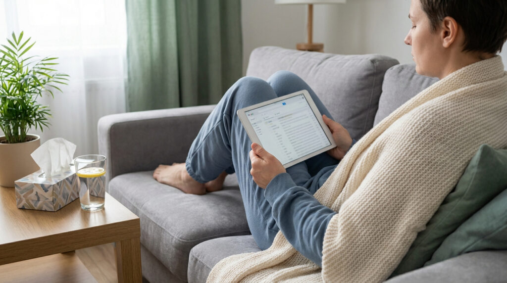 Personne malade sur un canapé, plaid, consultant une tablette avec boîte de réception. Mouchoirs et eau à côté.