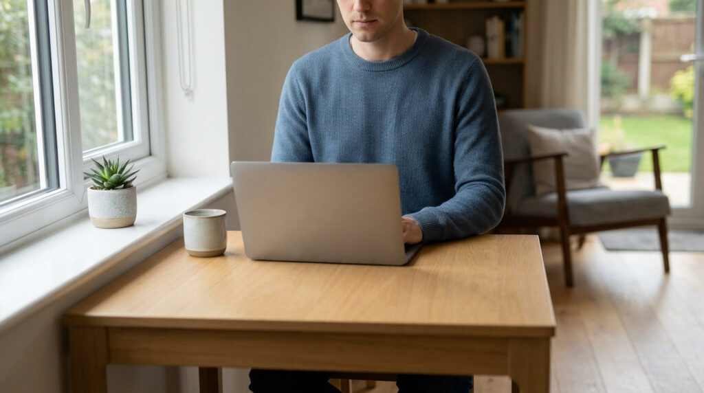 Homme en pull bleu travaillant sur un ordinateur portable à une table en bois près d'une fenêtre lumineuse avec plante et tasse.