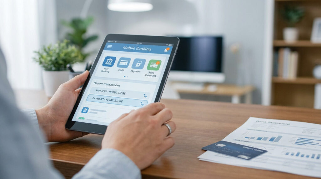 Personne vérifiant un double prélèvement bancaire sur tablette affichant l'appli mobile. Relevé et carte sur table.