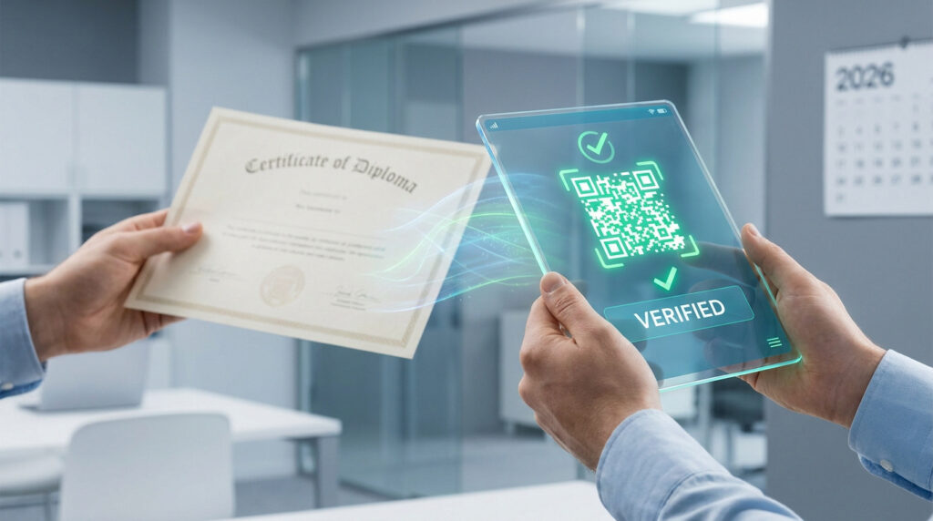 Une main tient un diplôme, l'autre une tablette futuriste avec QR code vert "Vérifié" pour l'authentification.