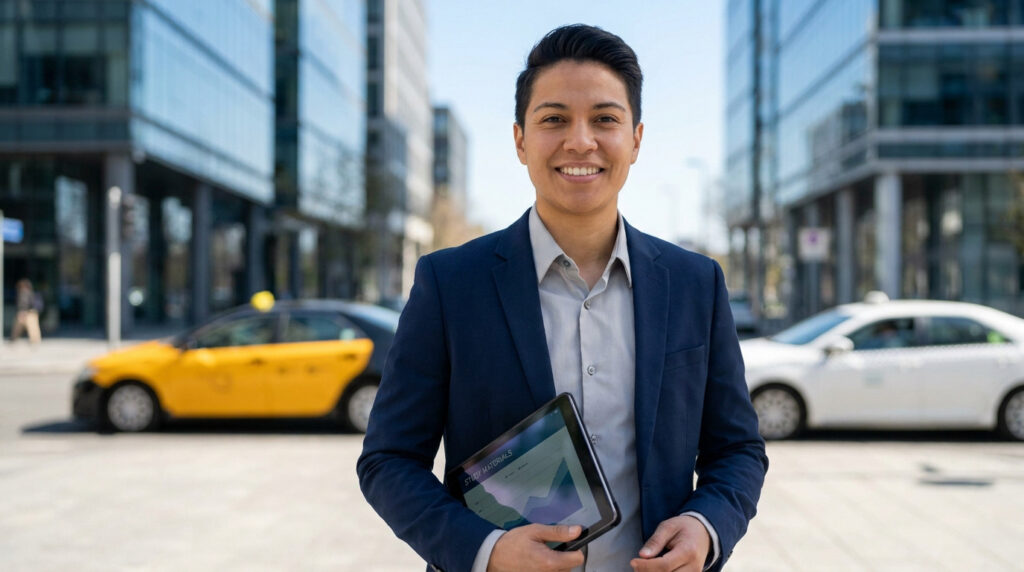 Personne souriante tenant une tablette "Study Materials" devant des taxis et bâtiments modernes en ville.