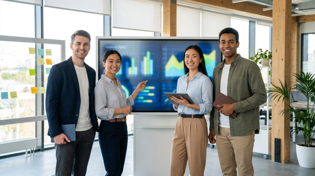 Quatre jeunes professionnels souriants et divers devant un grand écran de données, dans un bureau moderne. Une femme pointe les graphiques, l'autre tient une tablette.