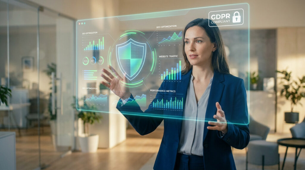 Femme d'affaires interagissant avec un écran holographique affichant des données de performance, sécurité et conformité RGPD.
