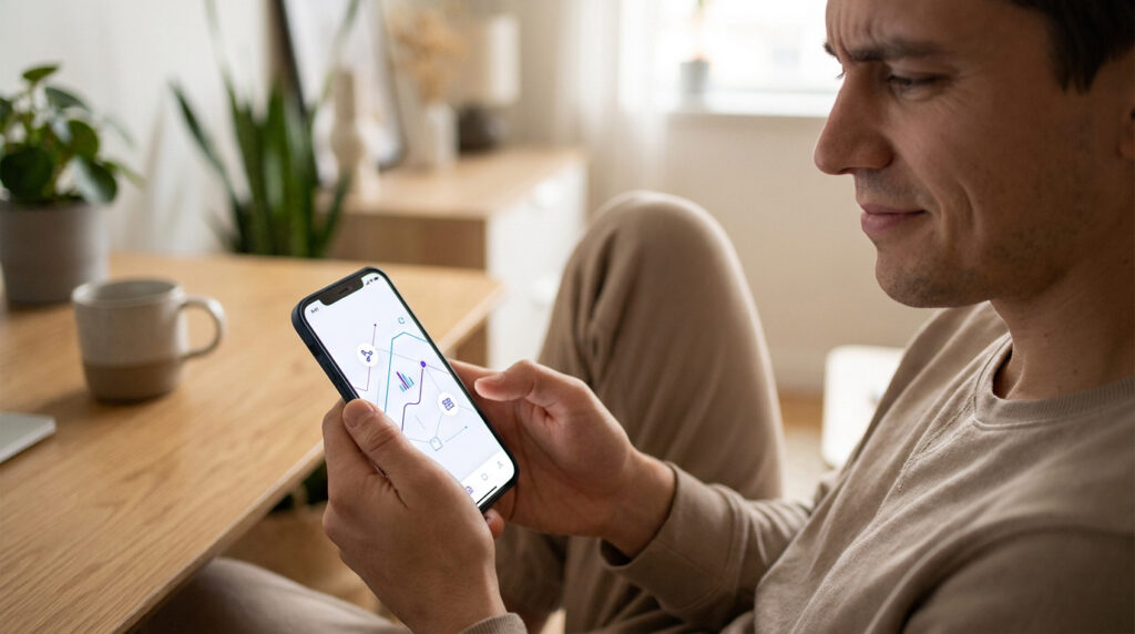 Gros plan sur un homme souriant regardant son smartphone avec une app de gestion de followers Instagram affichant des statistiques.