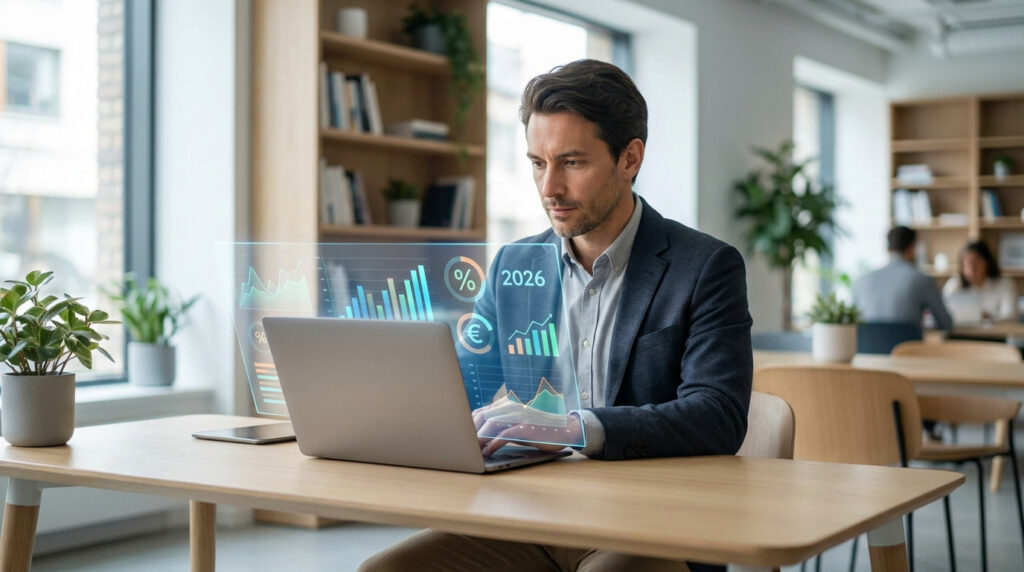 Homme analysant des données financières futuristes avec un laptop, affichant des graphiques et l'année 2026 dans un bureau moderne.