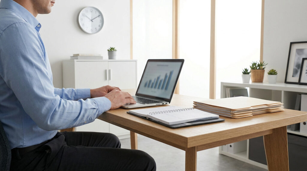 Vue latérale d'un homme en chemise bleue travaillant sur un ordinateur portable dans un bureau moderne. Horloge murale, dossiers et calendrier visibles.