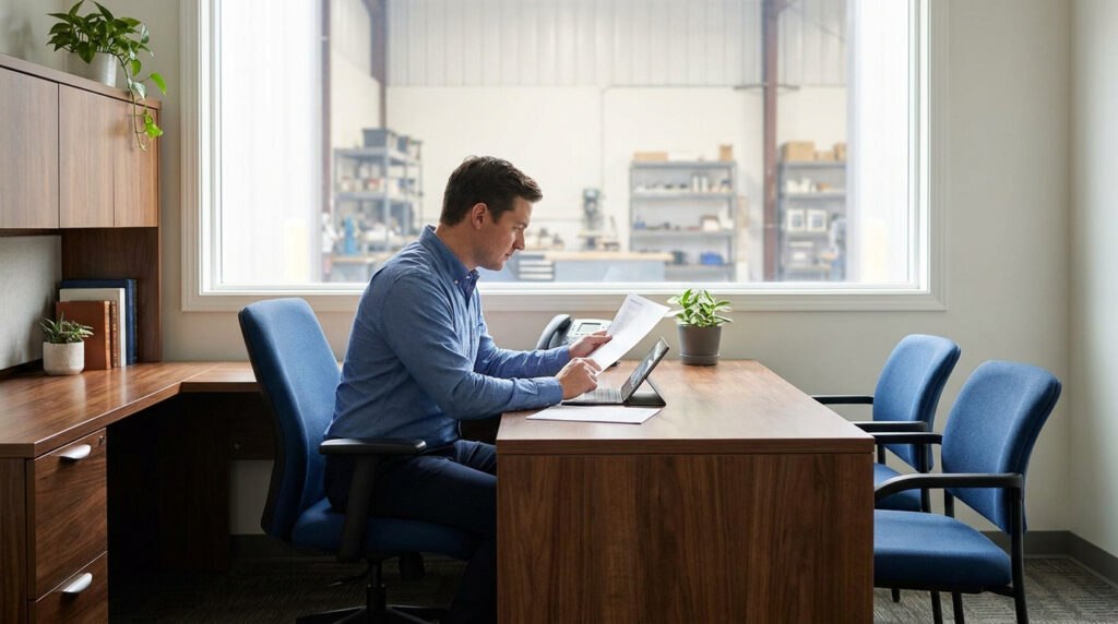 Homme en chemise bleue à un bureau en bois, lisant des documents avec un ordinateur portable. Fenêtre donnant sur un atelier.