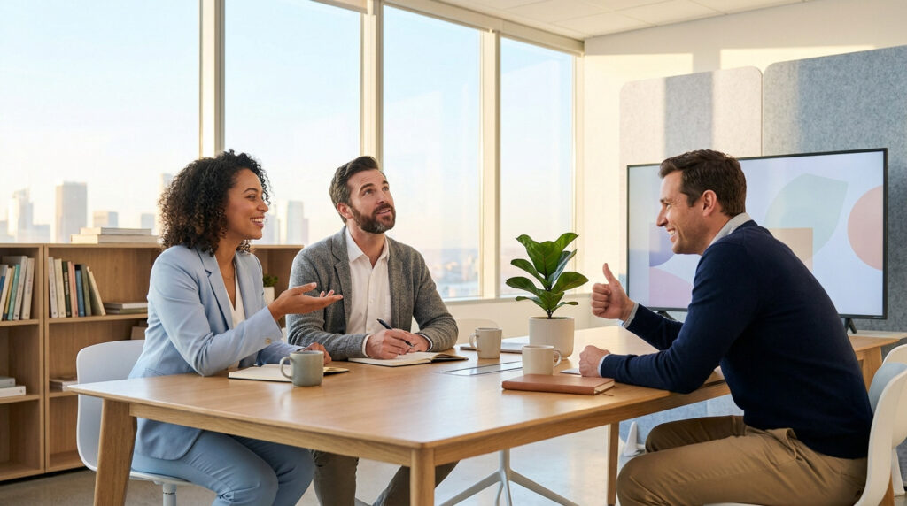 Réunion d'équipe souriante et collaborative. Trois collègues discutent autour d'une table dans un bureau moderne et lumineux, l'un fait un pouce levé.