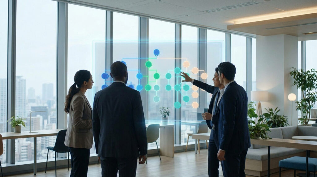 Quatre professionnels regardent un organigramme lumineux flottant dans un bureau moderne. Un homme pointe les détails.