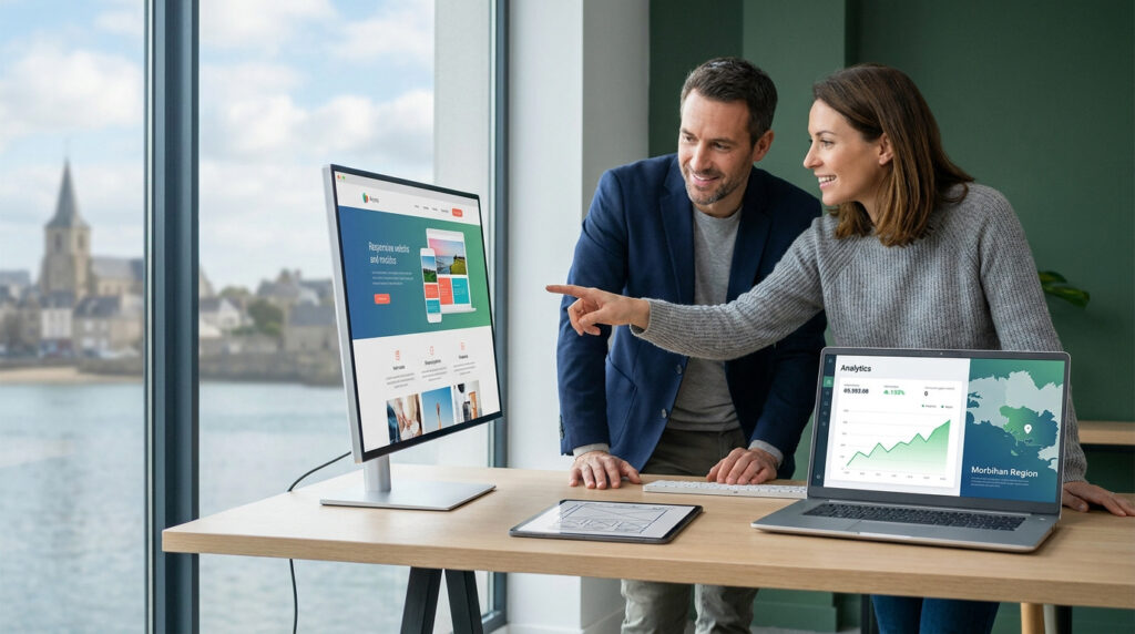 Deux experts examinent un site web responsive et des analytics du Morbihan sur écran et laptop, avec vue sur Auray.