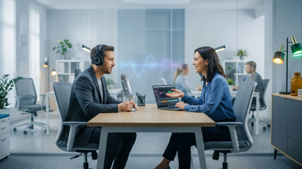 Deux personnes dans un bureau moderne enregistrent un podcast. Un homme porte un casque et parle dans un micro, une femme regarde un écran avec des ondes sonores.