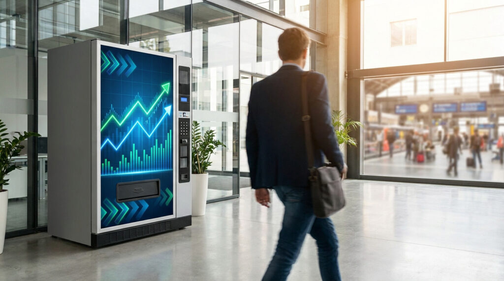 Un homme marche près d'un distributeur automatique affichant des graphiques de croissance financière dans un hall moderne.