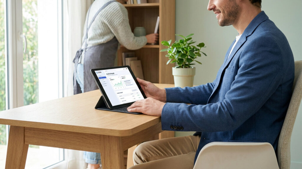Un homme souriant gère ses finances ou CESU sur une tablette à domicile. Une personne range une bibliothèque en arrière-plan.