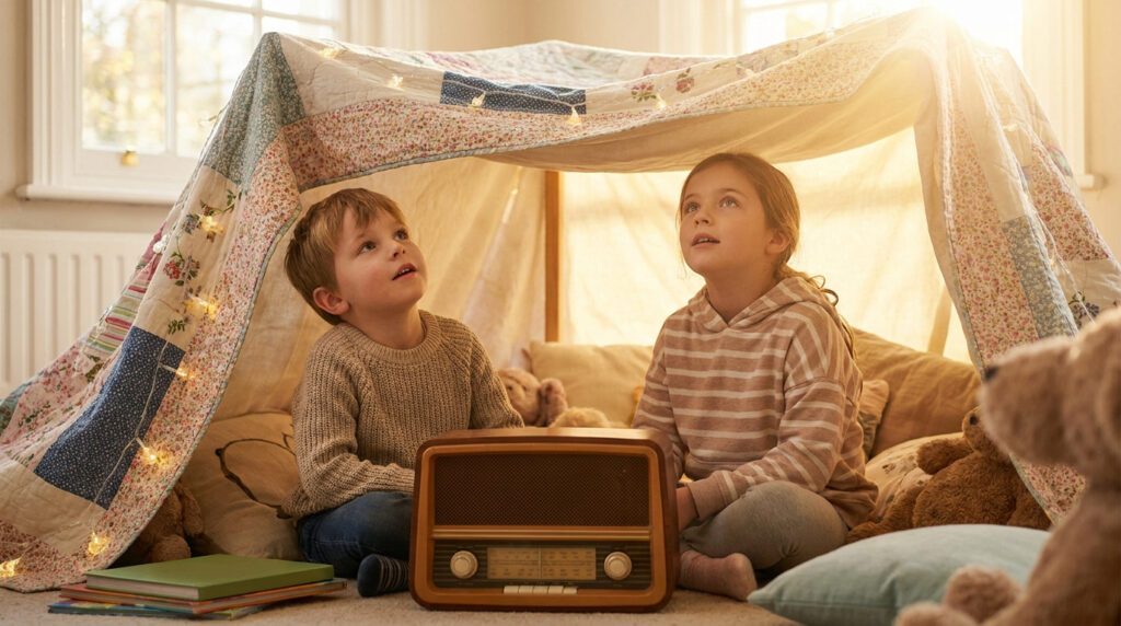 Deux enfants (garçon, fille) écoutent un podcast sur une radio vintage dans une cabane de couvertures lumineuse, stimulant l'imagination.