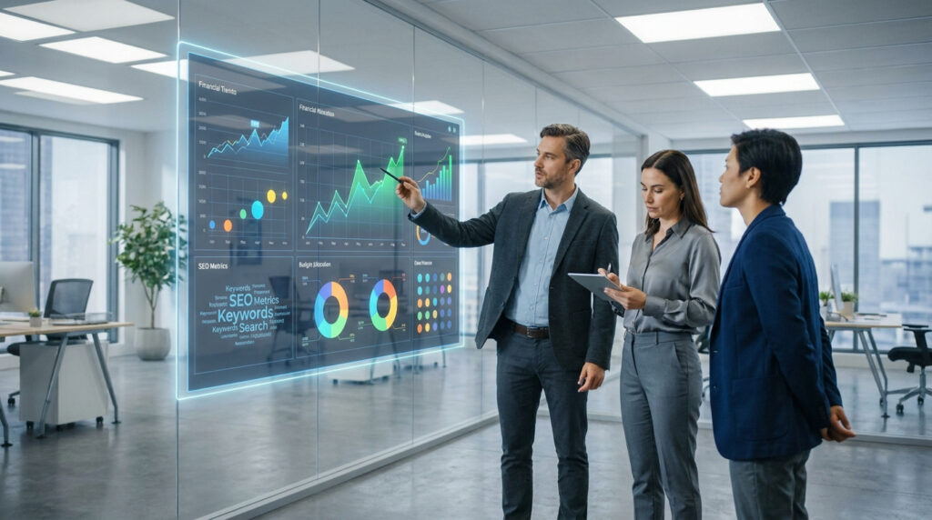 Trois professionnels (deux hommes, une femme) analysent des données financières et SEO sur un écran numérique transparent dans un bureau moderne.