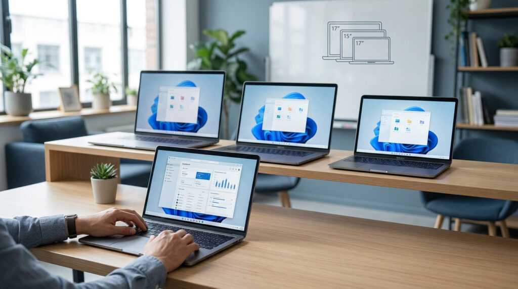 Un professionnel travaille sur un laptop. Trois autres laptops de différentes tailles sont exposés, avec un schéma comparatif (15", 17") sur un tableau blanc.