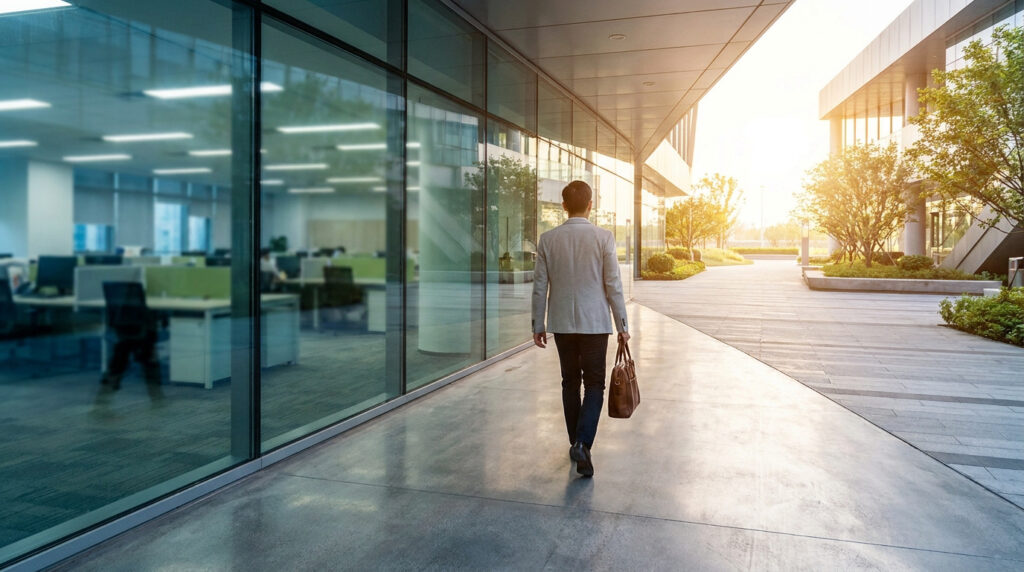 Un homme en costume quitte un immeuble de bureaux moderne vitré, mallette à la main, marchant vers le soleil levant.