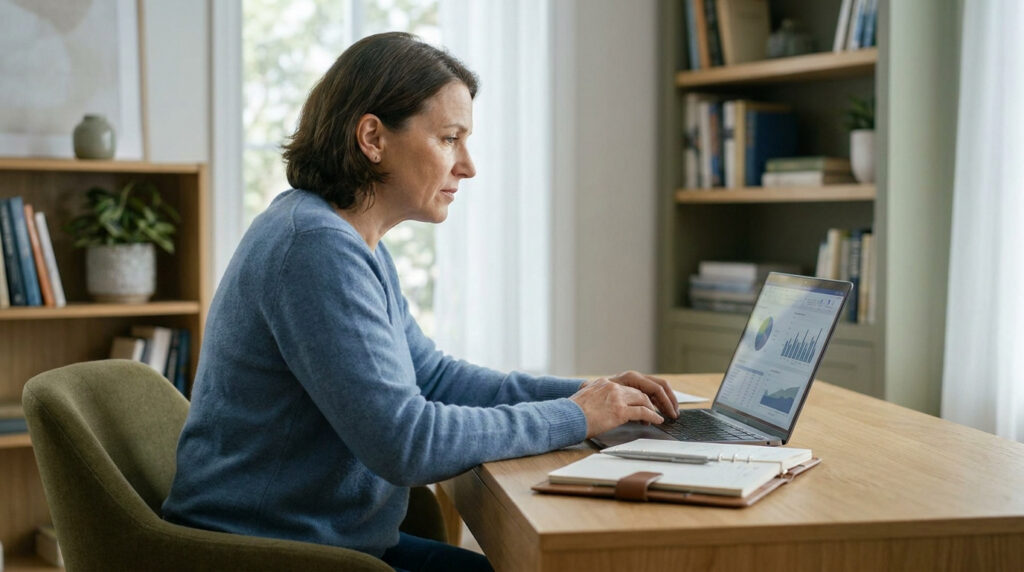 Femme d'âge mûr, vêtue d'un pull bleu, concentrée devant son ordinateur portable affichant des graphiques, dans un bureau lumineux.