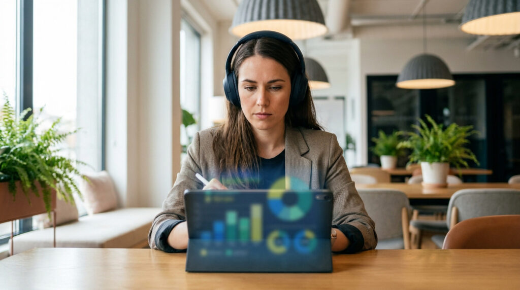 Une entrepreneure concentrée, casque sur les oreilles, écoute un podcast et analyse des données sur sa tablette dans un bureau moderne.