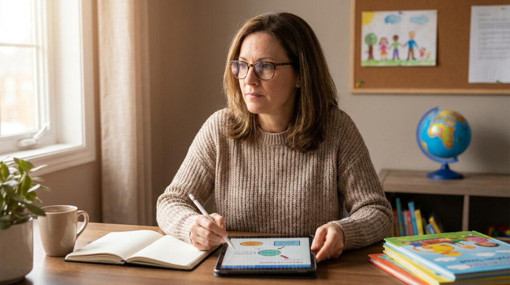 Femme d'âge mûr étudiant sur tablette avec stylet, un cahier ouvert à côté. Globe, dessin d'enfant et livres pour jeunes en arrière-plan.