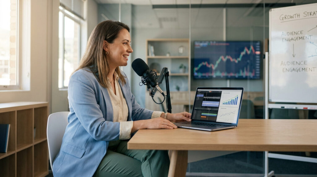 Femme entrepreneure souriante enregistrant un podcast dans un studio moderne. Elle utilise un micro et un laptop avec des graphiques.