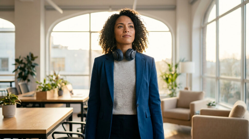 Femme métisse, blazer bleu, casque audio autour du cou, regard confiant, dans un bureau moderne et lumineux avec grandes fenêtres.