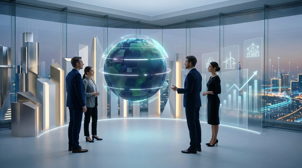 Quatre professionnels examinent un globe holographique et des données numériques dans une salle futuriste, avec vue sur une ville nocturne animée.